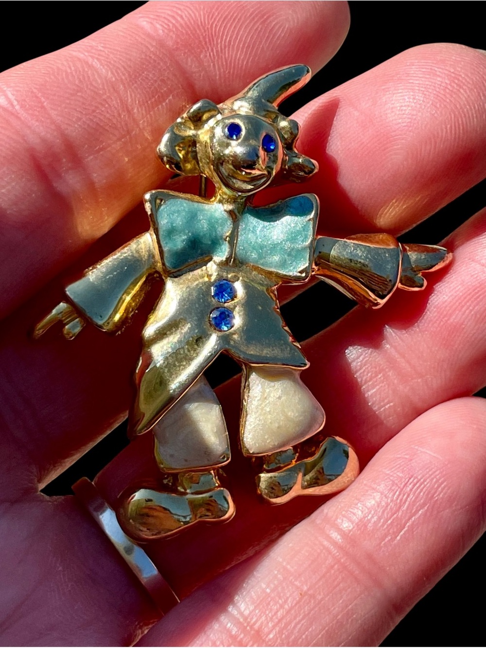 Gold-tone Clown Brooch with Blue and Mint Enamel Accents - Picture 3 of 6